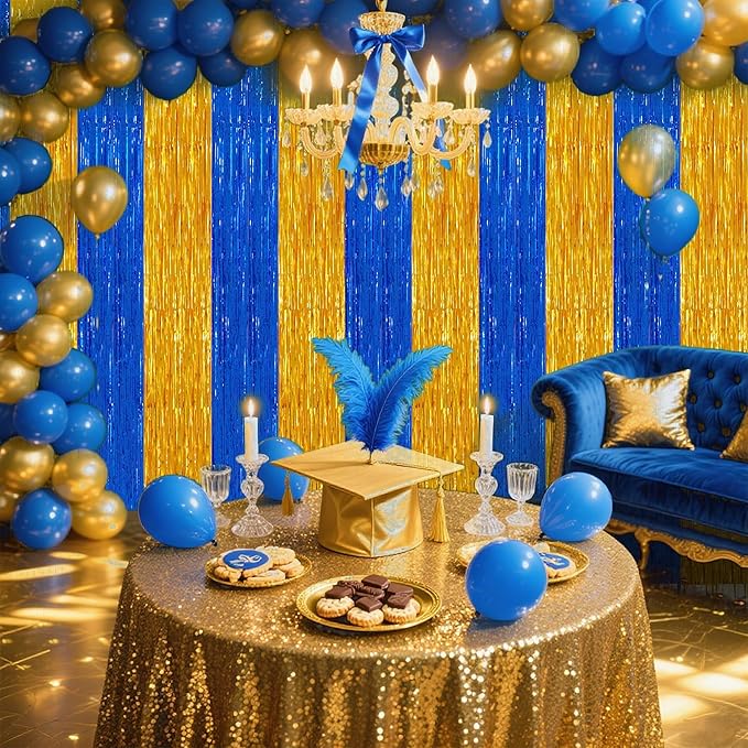 TONIFUL 2Pcs Blue Gold Door Streamers,Green Photo Booth Backdrop,Metallic Streamers Green Foil Fringe Curtains for Birthday,Christmas,New Year,St. Patrick's Day Party Streamers Decor