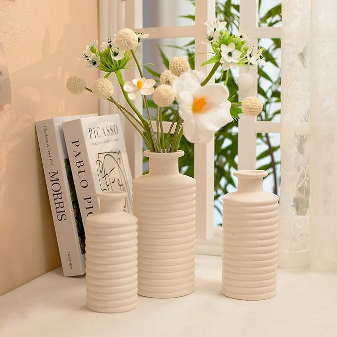 Ceramic Vase Set, Cream White Vases Home Decor, Boho Rustic Farmhouse Vase for Pampas Grass Fresh Flowers, Modern Vases for Living Room, Bedroom, Bathroom, Entryway, Dresser Table Decor