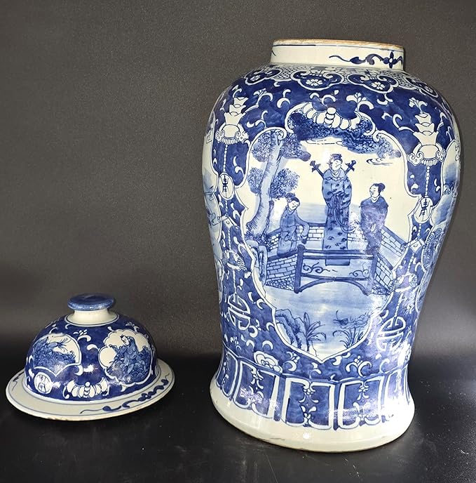 19" Antique Like Finish Blue and White Ginger Jars Porcelain Temple Ceramic Ginger Jar Vase, Antient Warriors China Ming Style, Jingdezhen(L4)