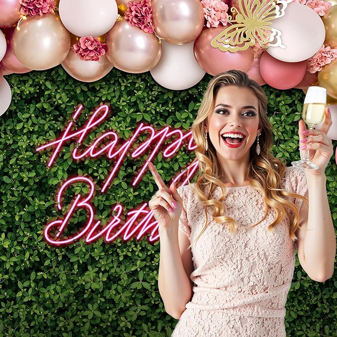 Riyidecor Green Leaves Happy Birthday Backdrop Polyester Fabric Neon Balloon Pink Flower Floral Butterfly Botanical Plant Bday 7Wx5H Feet Women Girls Photography Background Birthday Photo Studio Shoot