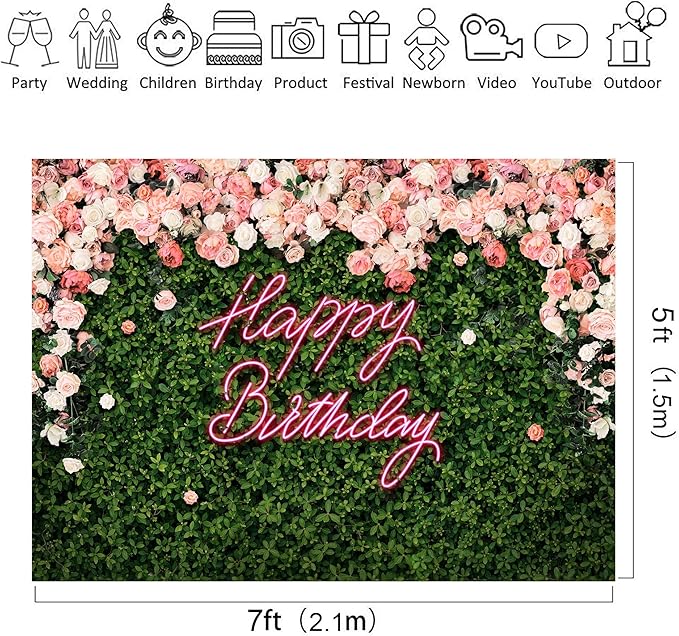 Riyidecor Happy Birthday Backdrop for Women，Girls Flower Wall Pink Rose，Green Leaves Floral Blossom Botanical Plant Nature 7Wx5H Feet Photography Background 30 Birthday Photo Studio Shoot Fabric