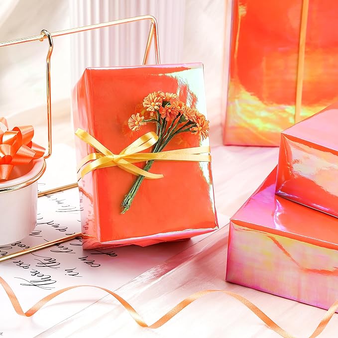 LeZakaa Orange Wrapping Paper Roll - Holographic Iridescent Wrapping Paper for Birthday, Chritsmas, Holiday - 17 inches x 32.8 Feet (47.23 sq.ft.)