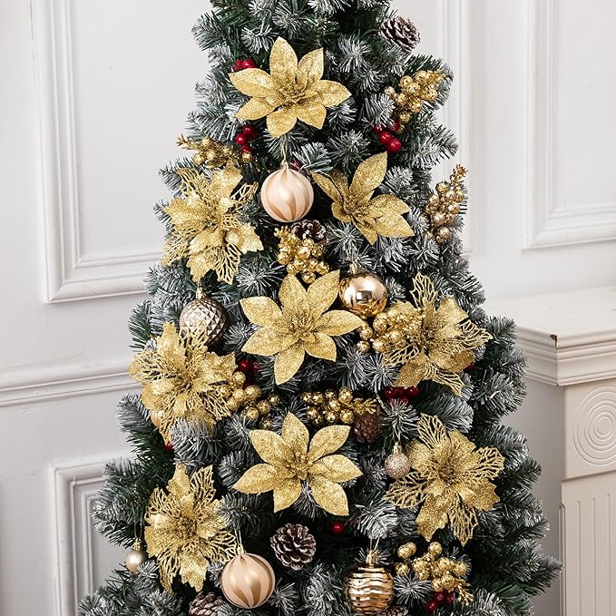 24Pcs Gold Glitter Poinsettia Christmas Tree Ornaments and Glitter Berries Stems, 16Pcs Christmas Artificial Flowers and 8 Pack Christmas Tree Picks for Wedding Holiday Decorations