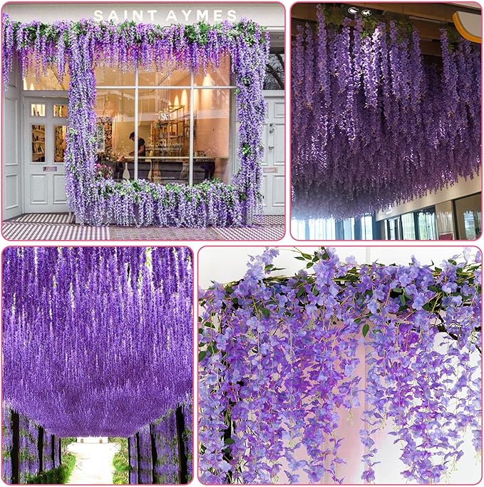 Wisteria Hanging Flowers,Fake Hanging Flowers,Wisteria artificiales Garland for Home Wedding Arch Floral Party Garden Ceremony Outdoor Decor,3.6 feet Long(12,Purple)
