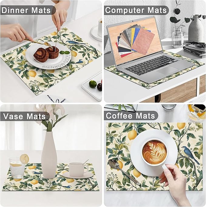 Lemon Placemats Set of 6 Washable Table Mats Summer Yellow Lemonade Stand Heat-Resistant Cotton Linen Place Mats for Dining Table Kitchen Indoor Outdoor Party Holiday Decor