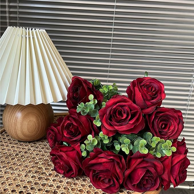 Nubry Artificial Silk Rose Flower Bouquet Lifelike Fake Rose for Wedding Home Party Decoration Event Gift 10pcs (Wine Red)