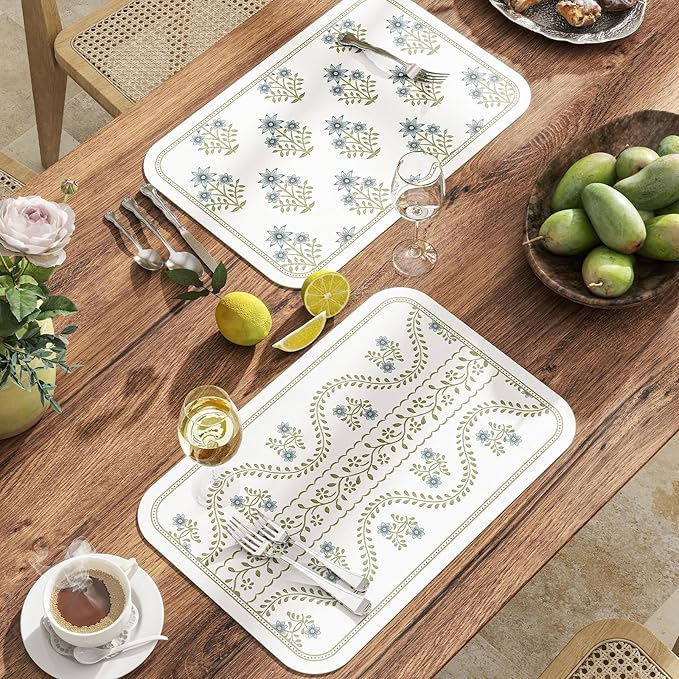 ISAENNE Rectangular Placemats Set of 6,Floral PVC Placemats, Waterproof and Heat-Resistant Place Mats,Decoration for Kitchen, Dining, Parties, Holiday,12"*17"