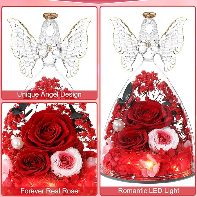 Christmas Rose Gifts for Women Preserved Real Flower in Glass Angel Figurines Roses for Delivery Prime Birthday Gifts for Mom Grandma Girlfriend Wife Her,Red Pink Austin Roses