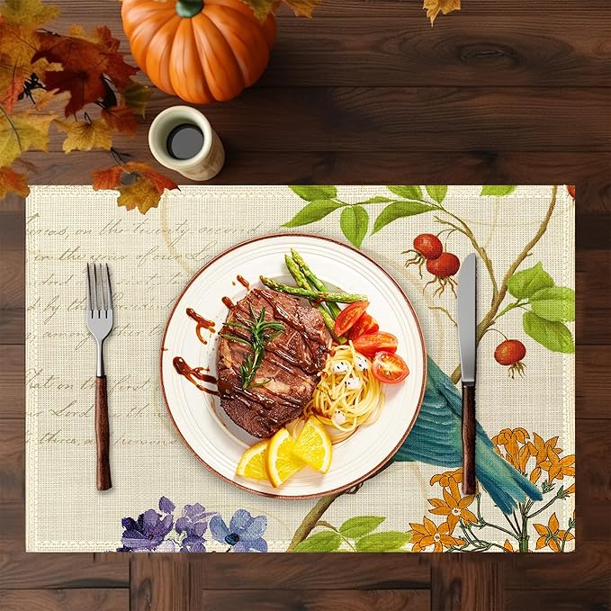 Bird Placemats Set of 6,Washable Heat Resistant Table Mats Vintage Place Mats for Kitchen Dining, Cozy Fall Winter Decor, Bird Floral Pattern