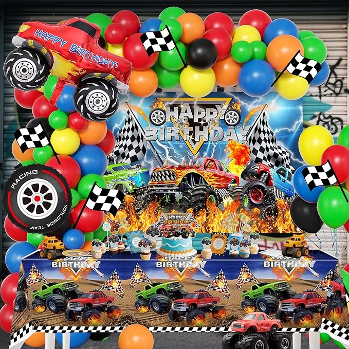 Monster Truck Birthday Party Decorations Men,Happy Birthday Banner,Balloon Arch Kit,Foil Balloons,Cake toppers