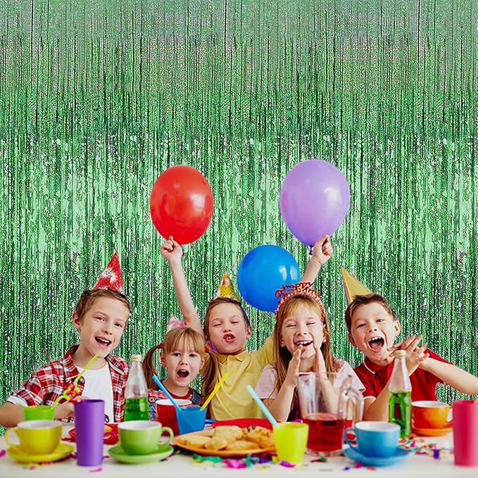 4 Pack Light Green Tinsel Foil Fringe Curtain Backdrop, 3.28Ft x 8.2Ft Metallic Streamers for Photo Booth Props Wedding Bridal Shower Bachelorette Birthday Halloween Christmas Party Decoration