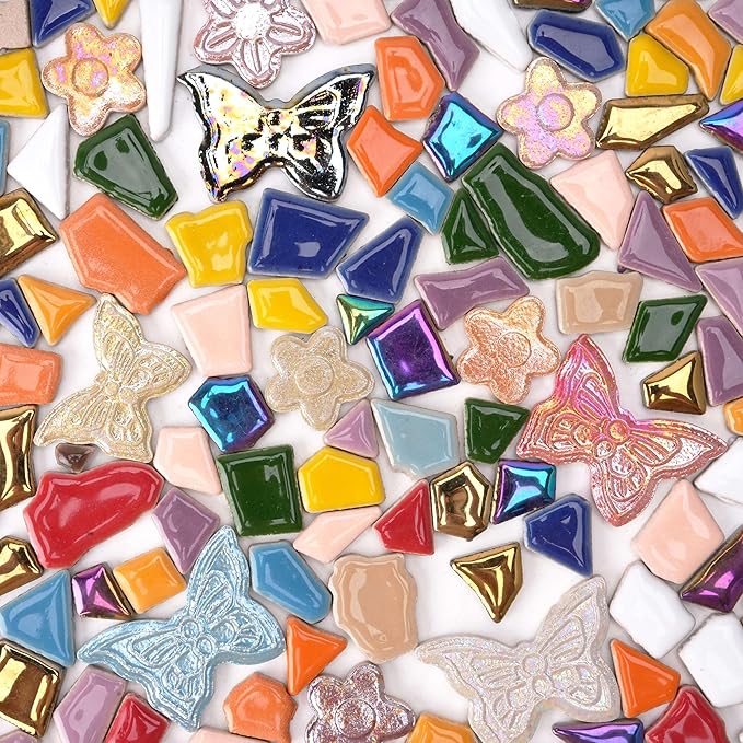 1.5 lb Ceramic Tiles for Mosaics - (Irregular, Flower & Butterfly Mix), Ceramic Mosaic Tiles for Crafts, DIY Art Project & Home Decor