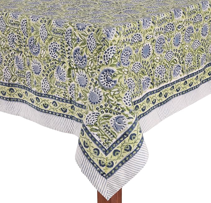 ATOSII Amara 100% Cotton Fall Tablecloth, Handblock Floral Print Rectangle Linen for Kitchen Dining I Parties Wedding Outdoors Picnics Easter I Spring Summer 72 X 120 Inches I 10 Seater Table