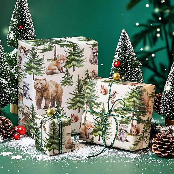WRAPAHOLIC 30 Inch Jumbo Kraft Christmas Wrapping Paper - 30 Inch x 100 Feet Jumbo Roll White Wild Animal Winterfall Watercolor and Christmas Tree Wrapping Paper Perfect for Holiday, Party