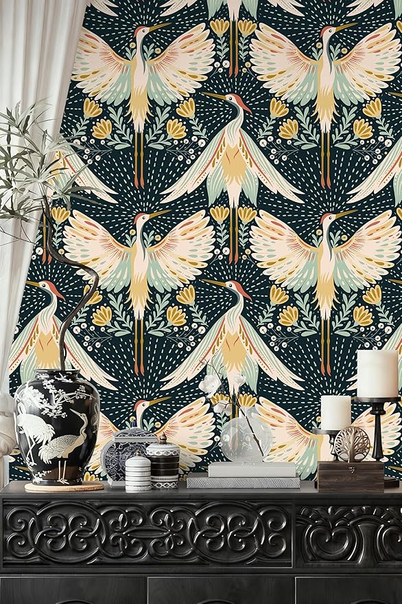 HAOKHOME Crane Wallpaper Peel and Stick Boho Floral Bird Dots Wall Paper Japanese Chinoiserie Dark Green/Beige/Yellow Accent Wall Decor 17.3in x 9.8ft