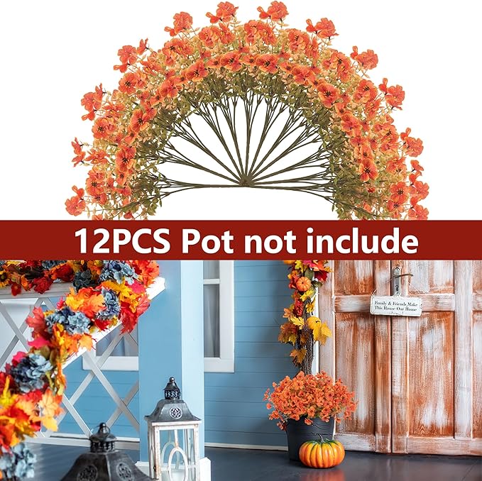 Artificial Flowers Fake Fall Plants for Outdoor Indoor Garden Christmas Decoration, 12 Bundles Silk Colorful Fall Mums with Eucalyptus Leaves Fake Plants for Autumn Porch Home Patio Yard Weeding Decor