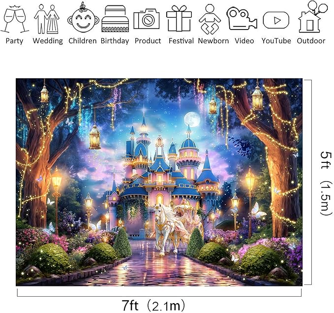 Riyidecor Princess Castle Backdrop Polyester Fabric Garden Floral Vines Trees Lights Starry Night Scenery 7Wx5H Feet Wonderland Photography Background Bridal Shower Wedding Birthday Photo Studio Shoot