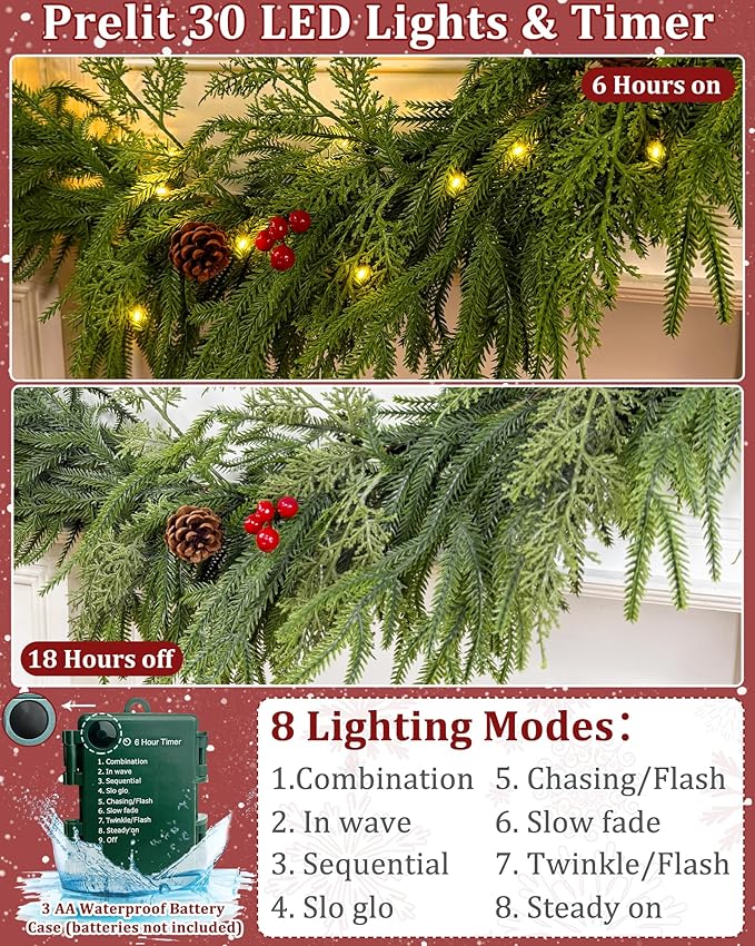 6 Ft by 10 Inch Prelit Christmas Garland with Lights Timer 8 Modes, Real Touch Norfolk Pine Garland 100 Pine Cypress Tips Pinecones Berried Cedar Garlands Thick Greenery Garlands for Home Table Mantle