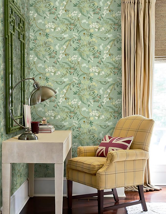 Guvana Floral Peel and Stick Wallpaper Leaf Contact Paper Self Adhesive Wallpaper Colorful Flower Contact Paper for Bedroom Livingroom Decor16.14 x78.7(Light Green Background)