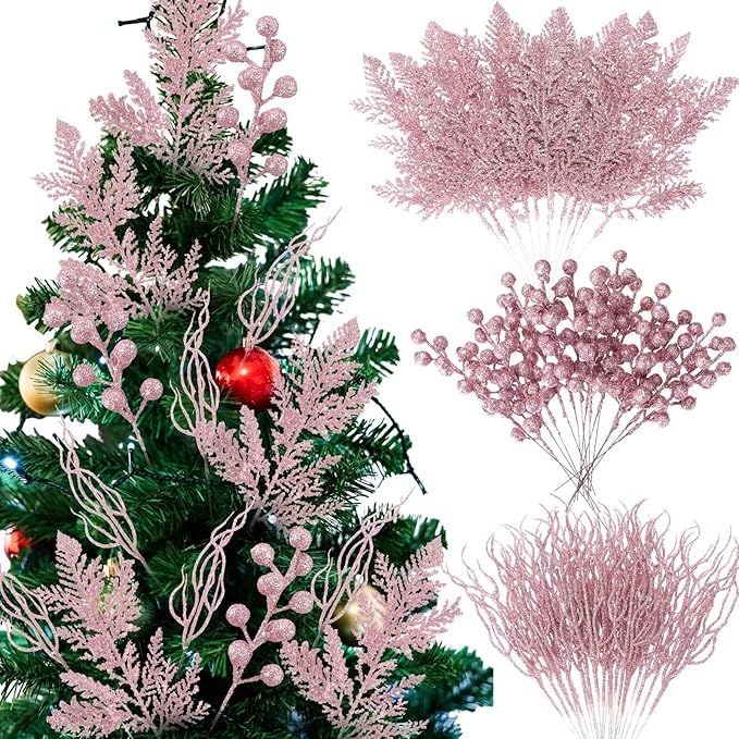 75 Pcs Christmas Glitter Branches 3 Styles Artificial Christmas Picks Berries Stems Pine Needles Floral Twig Spray for Xmas Tree Ornaments DIY Wreath Garland(Light Pink)