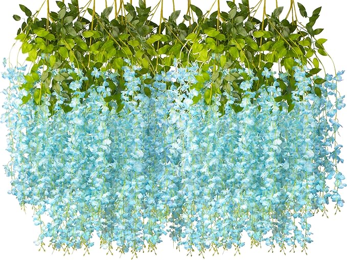 24 Pack Artificial Fake Wisteria Vine Ratta (3.75 Feet) Hanging Garland Silk Flowers String Home Party Wedding Decor (Sky Blue)