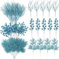 75 Pcs Christmas Glitter Branches 3 Styles Artificial Christmas Picks Berries Stems Pine Needles Floral Twig Spray for Xmas Tree Ornaments DIY Wreath Garland(Light Blue)