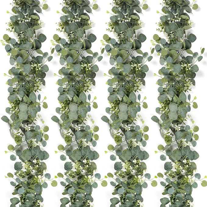 SOMYTING Artificial Eucalyptus Garland with White Flowers 4 Packs 5.9Ft Silver Dollar Eucalyptus Vine Faux Leaves Vine Greenery Garland for Table Wedding Arch Mantle Room Decor (4PCS)
