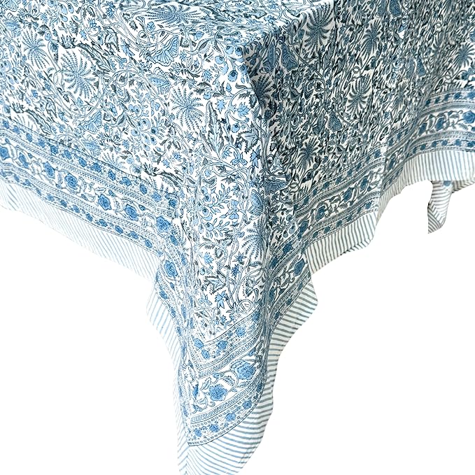 ATOSII Butterfly Blue 100% Cotton Square Summer Tablecloth, Handblock Floral Print Linen Table Cloth for Kitchen Dining I Parties, Weddings, Outdoors, 60 X 60 Inches I 4 Seater