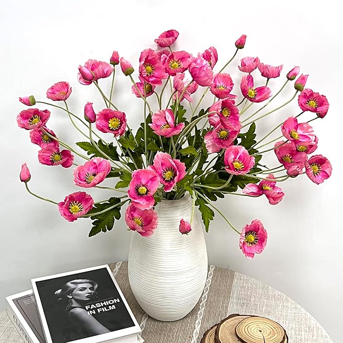 ATFL Hot Pink Poppy Flowers Artificial for Wedding Decorations,12 Pcs Fake Faux Silk Poppies Bulk for Home Decor Table Centerpieces Floral Arrangement (23.5‘’, Hot Pink)