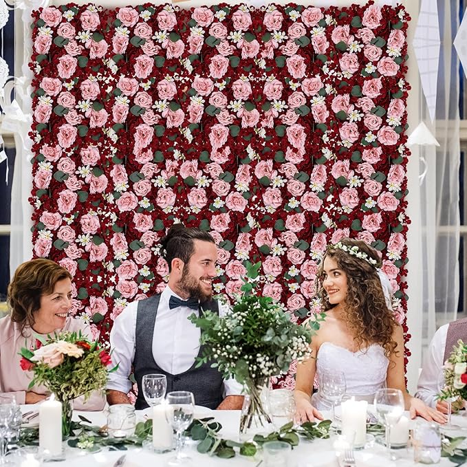 Pack of 6 Artificial Silk Flower Panels, Faux Floral Wall Background for Wedding Party Engagement Bridal Shower Arrangement Home Decorations - Burgundy & Dusty Pink
