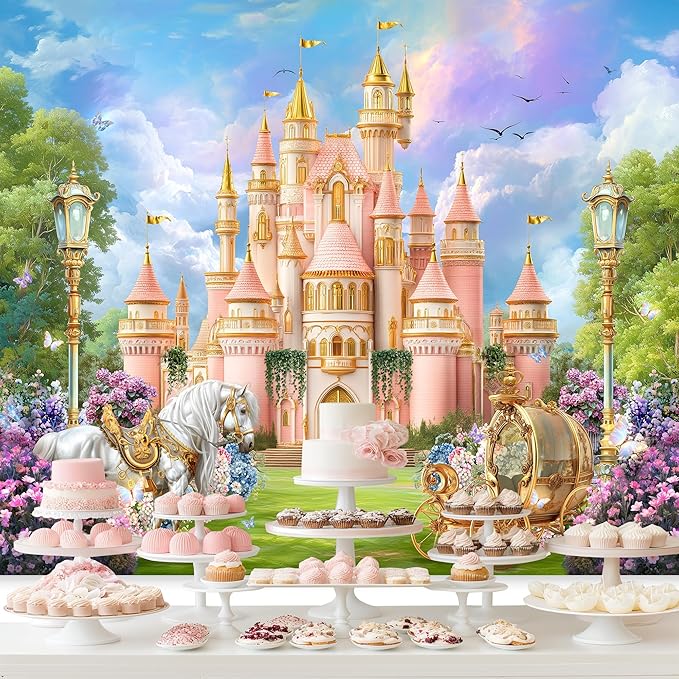 Riyidecor Princess Castle Backdrop Polyester Fabric Fairy Tale Horse Carriage Garden Floral 7Wx5H Feet Wonderland Photography Background Wedding Birthday Photo Studio Shoot