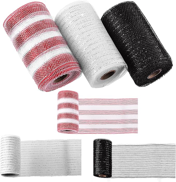 Swpeet 3 Rolls 6 Inches Mesh Ribbon Glitter Metallic Wrapping Ribbon Kit, Glitter Tulle Fabric Spool Ribbon Metallic Foil Mesh Ribbon for DIY Project Wreaths Party Decorations Wrapping Craft