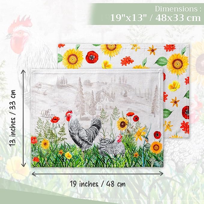 Maison d' Hermine Placemats Set of 4 100% Cotton Washable Cloth Place Mats, Reusable Table Mats for Kitchen Dining Decoration, Party, Wedding, Restaurant Spring/Summer (Basse Cour, 13" x 19")