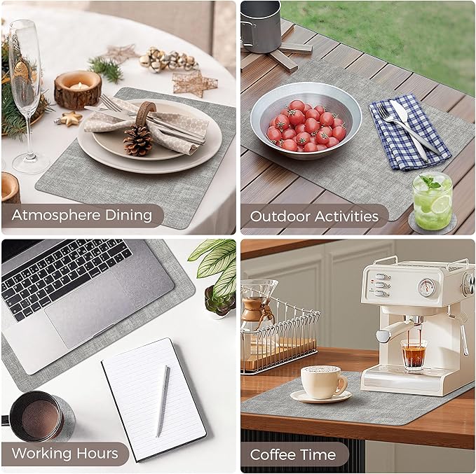 Vinyl Placemats Set of 6, Faux Leather Waterproof and Heat Resistant Place Mats, Washable Anti-Slip Table Mats with Coaster, Wipeable Placemats for Indoor & Outdoor 17" x 12" (Light Grey, Set of 6)