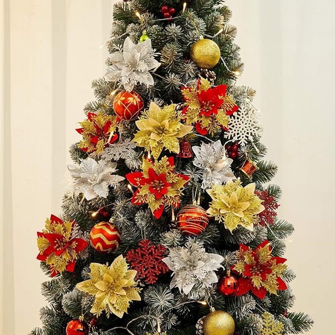 Zhuqing 15Pcs Christmas Poinsettia Artificial Flowers Decorations, Glitter Poinsettia Christmas Tree Ornaments, Red Tree Flowers for Xmas/Party/Holiday/Wreath/Garland Decor, with Cilps, 5.5 Inch