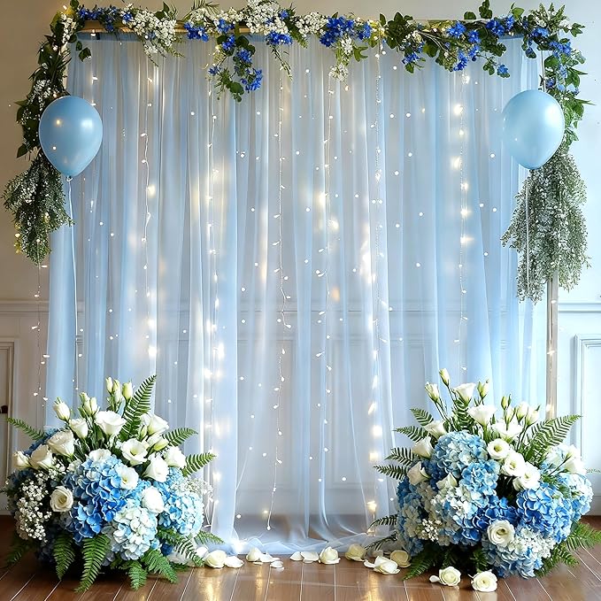 10x8ft Baby Blue Tulle Backdrop Curtain with Lights String for Parites, Sheer Backdrop Curtains for Wedding Baby Shower Birthday Party Photo Shoot Decorations