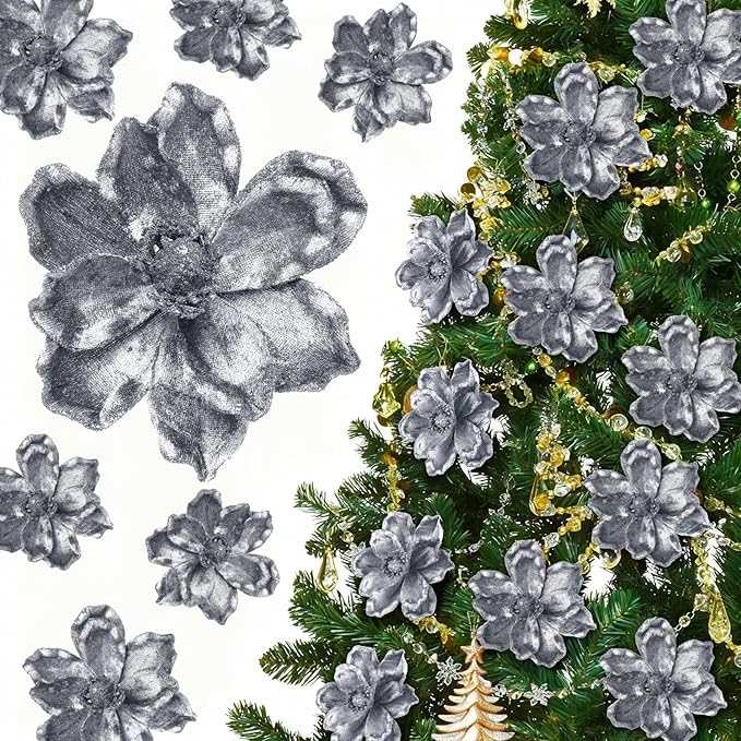 20 Pcs Christmas Glitter Poinsettia Magnolia Flowers Ornaments Large Heads Artificial Magnolia Flowers for Christmas Tree Xmas Wreath Holiday Wedding Decor (Grey)