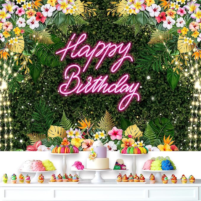 Riyidecor Happy Birthday Backdrop for Women Fabric Floral Green Leaves Pink Neon Girl Summer Hawaii Flower Plant 7Wx5H Feet Lights Botanical Photography Background Birthday Photo Studio Shoot