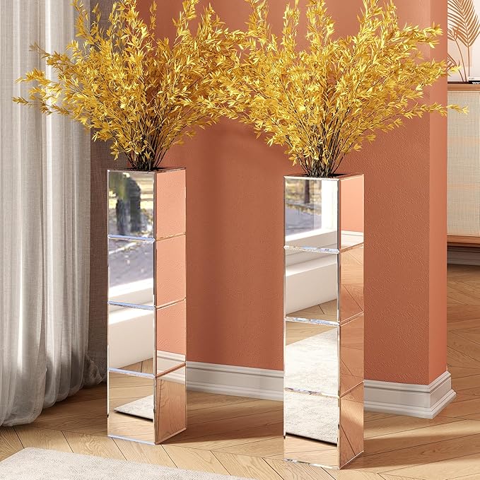 Tall Floor Vase, 28 inch Mirrored Vases for Floor Home Decorative Large Cube Vase Silver for Dried Flower Modern Glass Vases for Living Room