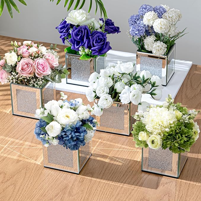 Set of 6 Bling Mirrored Square Glass Vases, 4 x 4 x 4 inches, Silver Flower Vases for Centerpieces Cube Vase Candle Holder for Wedding, Party, Home Office Decoration