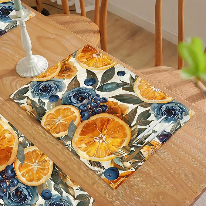 Orange Placemats Set of 4 Fruit Blueberry Rose Leaf Table Mats Washable Place Mats for Home Party Indoor Kitchen Dining Table Decoration 12x18 Inch