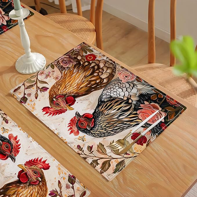 Rooster Placemats Set of 4 Farmhouse Chicken Plants Flower Placemats Farm Cock Chicken Country Hen Washable Place Mats for Party Kitchen Dining Decoration 4 PCS