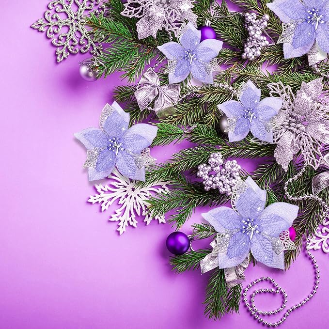 Boao 24 Pieces Christmas Artificial Glitter Poinsettia Flowers Xmas Flowers Wedding Christmas Tree New Year Ornaments(Purple)