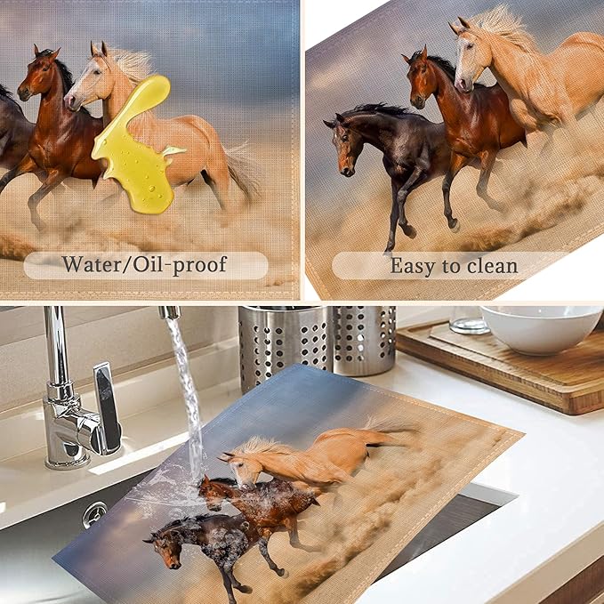 Running Horse Placemats Set of 6,Washable Heat Resistant 12×18 Inch Linen Table Mats Desert Place Mats for Party Outdoor Dining Décor