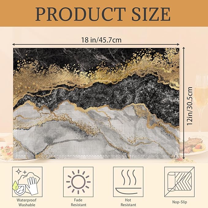 Black Gold Marble Placemats Set of 6 Washable Table Mats for Kitchen Dining Table,Heat-Resistant Place Mats for Indoor Outdoor Party Holiday Decoration