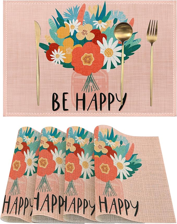 Blooming Wildflowers Placemats Set of 4, Be Happy Place Mats Non-Slip Heat Resistant Washable Placemat for Party Kitchen Dining Table Decoration Indoor Outdoor 12x18 Inch