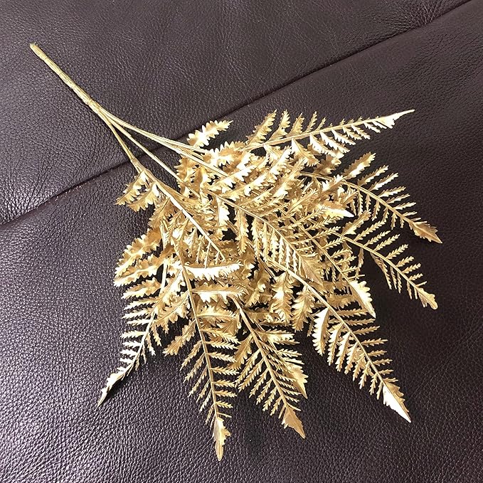 PASYOU Artificial Plants, Golden Fake Flowers Decoration for Christmas Plastic Boston Grass Faux DIY Crafts Indoor Outdoor Home Décor Garden Party Room Bedroom Wedding Table Centerpiece, Gold 2 Pack