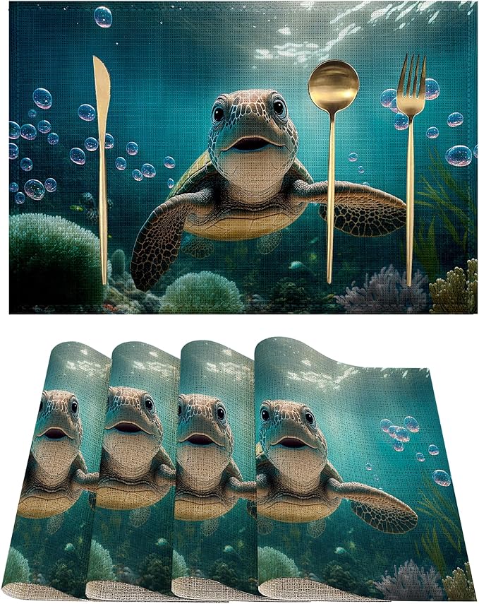Sea Turtle Placemats Set of 4, Waterproof Place Mats Non-Slip Washable Table Mats Set for Kitchen Dining Holiday Party Wedding Decor 12x18 Inch