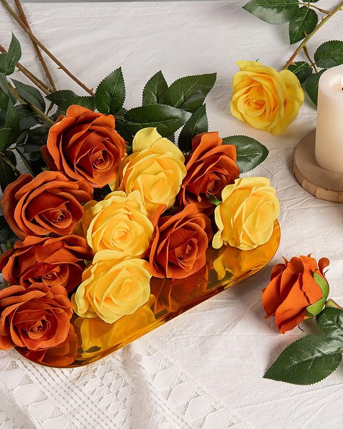 DuHouse 10pcs Silk Roses Artificial Flowers Fake Rose for Arrangement Wedding Party Home Decoration (Burnt Orange)
