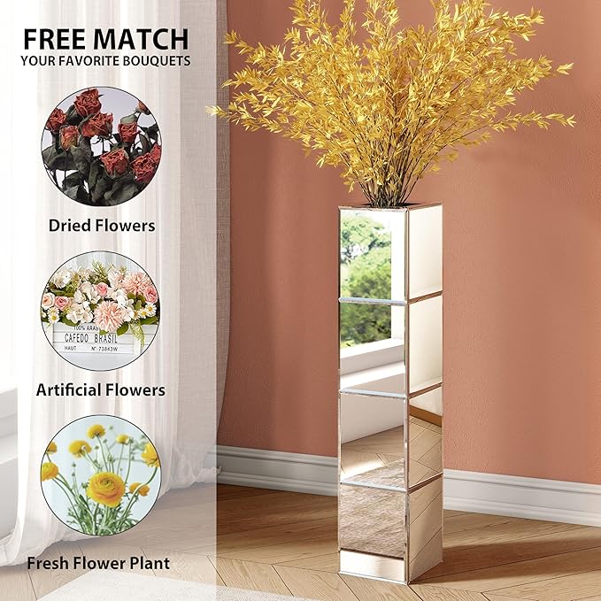 Tall Floor Vase, 28 inch Mirrored Vases for Floor Home Decorative Large Cube Vase Silver for Dried Flower Modern Glass Vases for Living Room